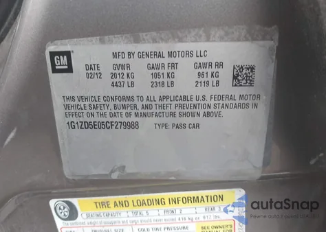 2012 Chevrolet Malibu 2Lt from USA, damaged, VIN 1G1ZD5E05CF279988
